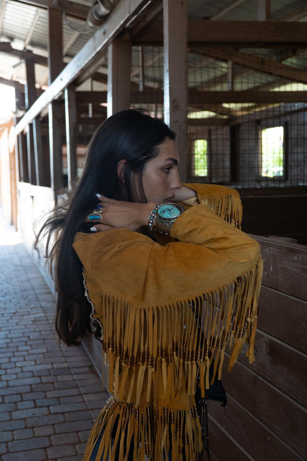 Suede Fringe Jacket w Handstitched Embroidered Detail